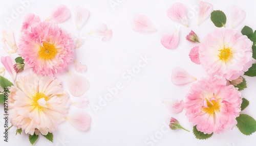 Closeup of Blooming Pansy Flowers and Petals Isolated on White Background. Top View of Flower with Empty Space.