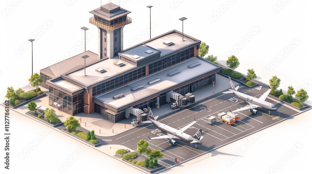 Isometric view of a modern airport terminal with two airplanes parked at gates, surrounded by landscaping. Isometric view of a modern airport terminal with two airplanes parked at gates, surrounded by landscaping.