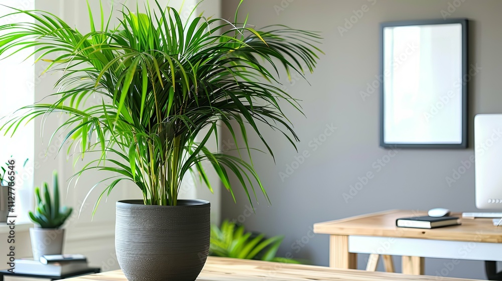 Lush Parlor Palm in a Gray Pot on a Wooden Table Lush Parlor Palm in a Gray Pot on a Wooden Table