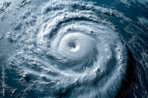 Aerial View of a Massive Swirling Storm Cloud Over the Ocean