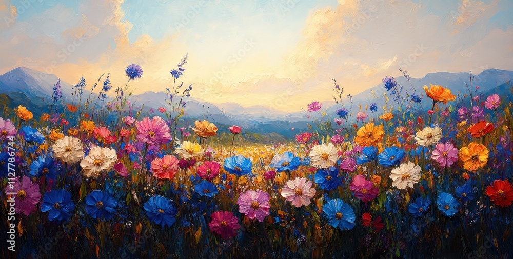 Fototapeta premium Vibrant Summer Meadow with Wildflowers Daisies Blue Sky and Golden Light