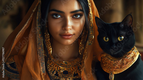 Beautiful woman in traditional Egyptian dress, jewelry poses with black cat wearing golden jewelry. Woman wears flowing orange garment with golden details. Cat wearing golden collar. Image evokes photo