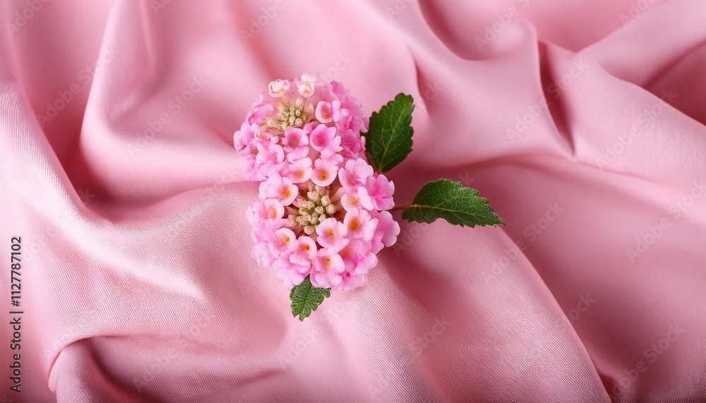 Pink Lantana Flower on a Draped Soft Pink Silk Fabric