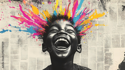 Generative ai illustration of collage of a laughing black boy with dynamic, colorful streaks emanating from his head, contrasting with the grayscale newspaper backdrop. Ebullience. Illustration