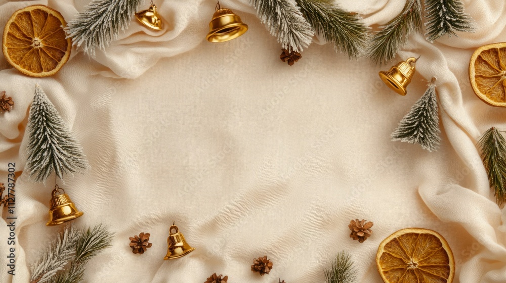 Elegant Christmas flat lay. Beige fabric, gold bells, pine cones, and dried oranges create a festive mood. Elegant Christmas flat lay. Beige fabric, gold bells, pine cones, and dried oranges create a festive mood.