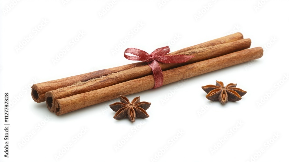 Cinnamon sticks and star anise tied with a ribbon. Warm autumnal colors. Cinnamon sticks and star anise tied with a ribbon. Warm autumnal colors.