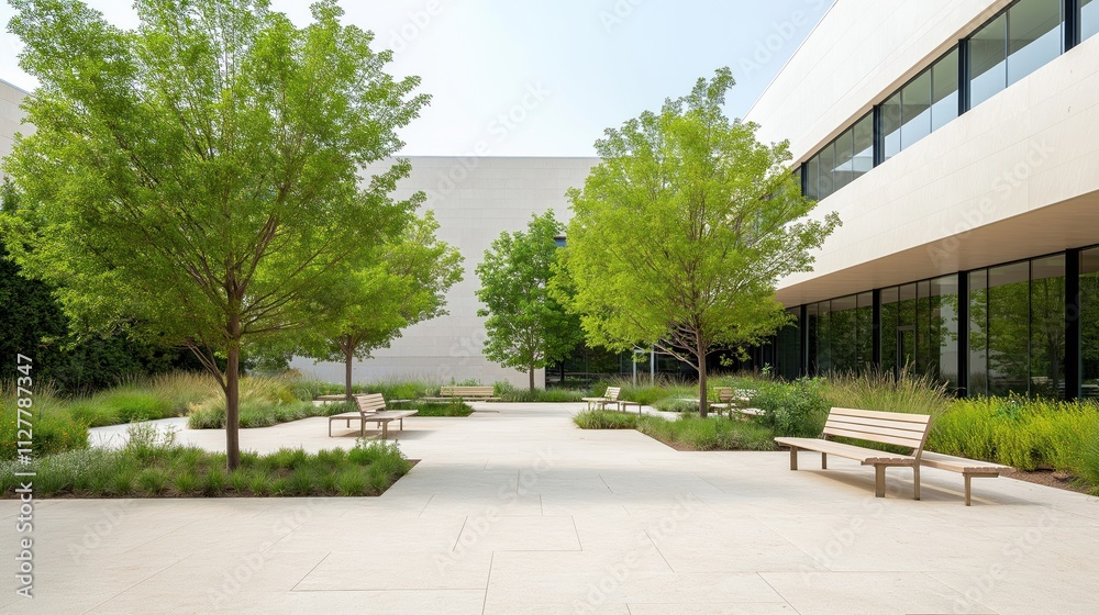 Modern office building courtyard with rich trees, benches. Green space for relaxation, socializing. Light beige paving stones create calming atmosphere. Plenty of seating options for staff, visitors. Modern office building courtyard with rich trees, benches. Green space for relaxation, socializing. Light beige paving stones create calming atmosphere. Plenty of seating options for staff, visitors.