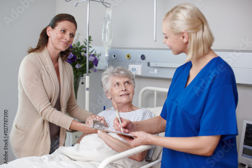 Healthcare, woman and senior mother in hospital, smile and paperwork for discharge, nurse and retirement. Clinic, caregiver and happy for recovery, documents and help for elderly person with daughter