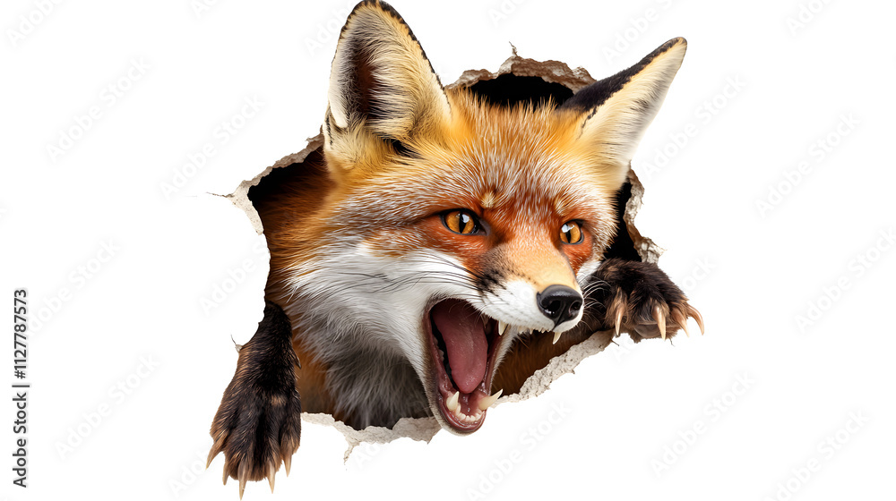 Obraz premium A ferocious fox sticking its head and front claws out of the hole in the wall