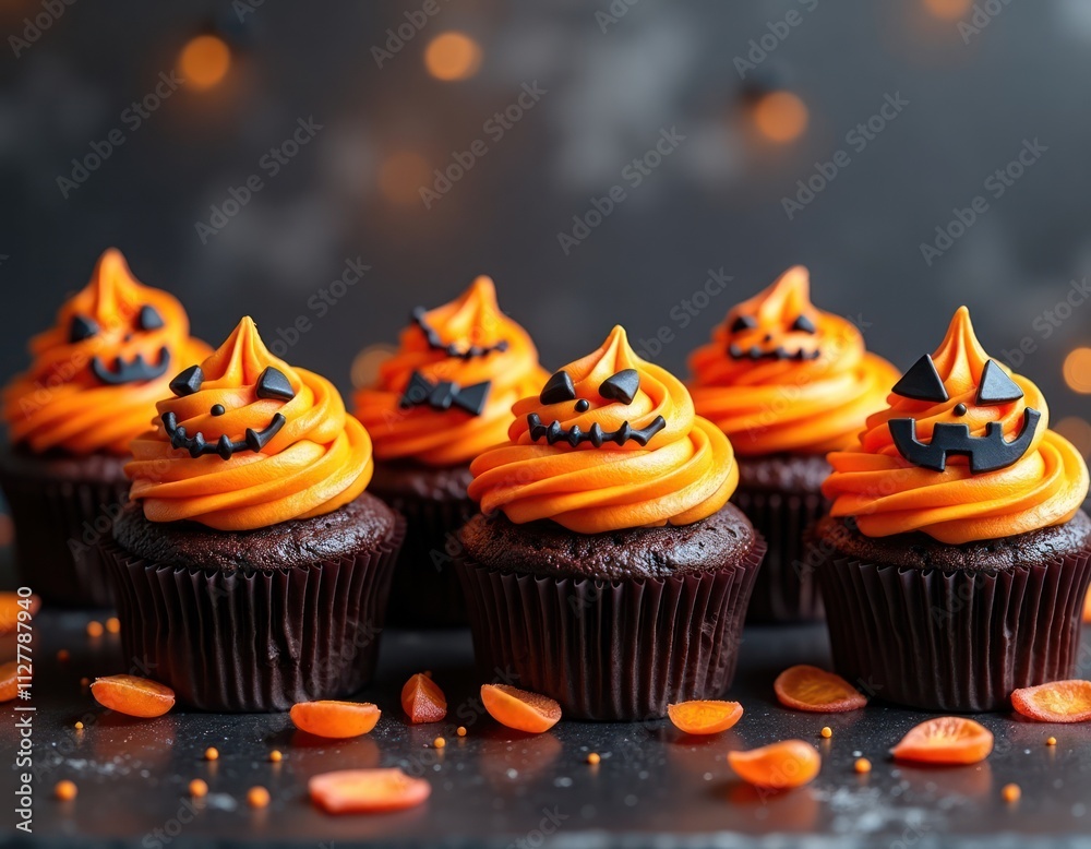 Halloween themed cupcakes decorated with orange frosting, spooky jack-o-lantern faces. Dark chocolate cupcakes arranged on dark surface with orange, black decorative elements. Festive treats for Halloween themed cupcakes decorated with orange frosting, spooky jack-o-lantern faces. Dark chocolate cupcakes arranged on dark surface with orange, black decorative elements. Festive treats for