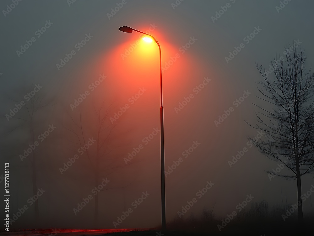 Illuminated Streetlight in Foggy Landscape at Dawn