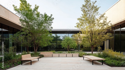 Modern office courtyard design features trees, benches. Green space offers relaxation, socializing in urban environment. Business building provides comfortable seating area. Modern architecture,