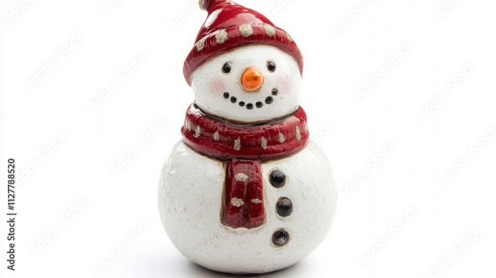 Adorable ceramic snowman figurine, wearing a red hat and scarf, perfect for festive decoration.