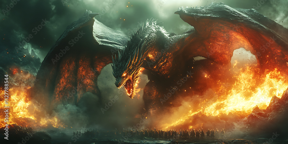 Epic Fantasy Dragon Reigning Over Fiery Battlefield Digital Painting Artwork Epic Fantasy Dragon Reigning Over Fiery Battlefield Digital Painting Artwork