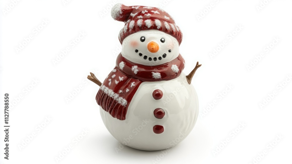 Charming snowman figurine, wearing a red knit hat and scarf, perfect for festive decor. Charming snowman figurine, wearing a red knit hat and scarf, perfect for festive decor.