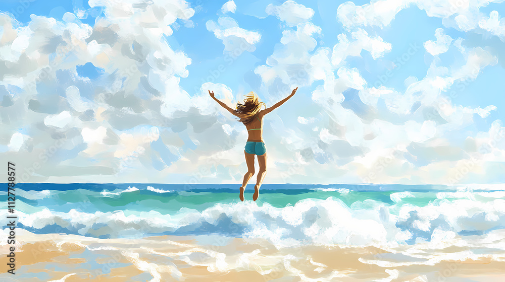 Joyful person jumping on beach, ocean waves in background, sunny day. Ebullience. Illustration Joyful person jumping on beach, ocean waves in background, sunny day. Ebullience. Illustration