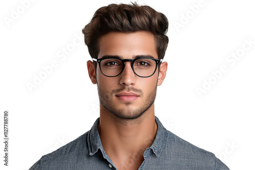 Handsome young brunette man wearing eyeglasses and shirt isolated on transparent background for professional and casual use in design projects