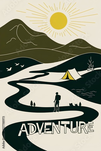 Adventure t shirt illustration design with mountains and plains  photo