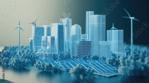 Fototapeta Naklejka Na Ścianę i Meble -  A 3D wireframe structure of a city with renewable energy sources, solar panels, and wind turbines, emphasizing CO2 reduction and green business goals for net-zero.