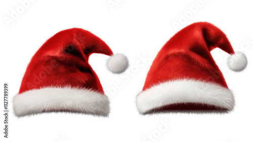 Set of red furry Christmas Santa Claus hats isolated on transparent background for festive holiday designs and seasonal celebrations- PNG