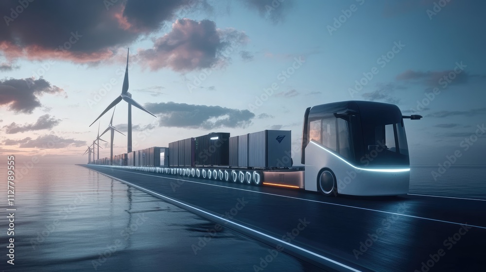 A cargo transport fleet powered by renewable energy, showcasing the transition to green logistics and global shipment sustainability. A cargo transport fleet powered by renewable energy, showcasing the transition to green logistics and global shipment sustainability.