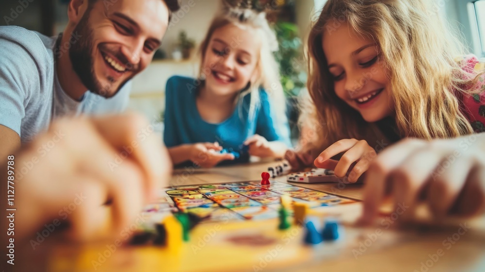 Happy family playing board game together. Happy family playing board game together.