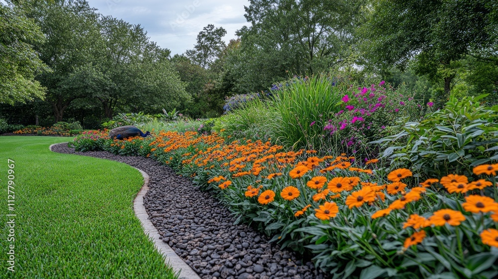 Lush garden with vibrant orange flowers, green grass, and stone border. Lush garden with vibrant orange flowers, green grass, and stone border.