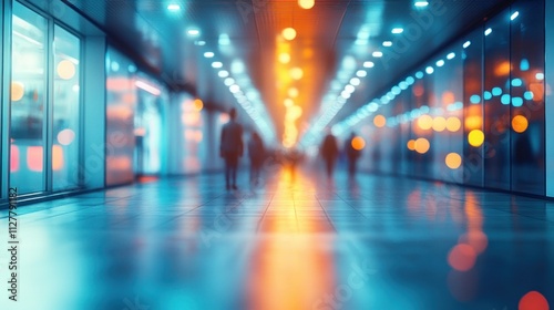 Blurry hospital corridor with glowing lights and abstract figures of doctor and patient in modern medical setting