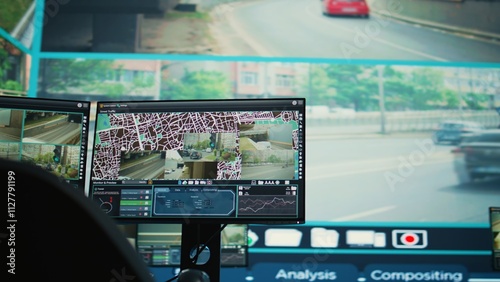 Φωτογραφία Empty monitoring room with a big screen used to observe traffic through surveillance footage, government satellite CCTV cameras