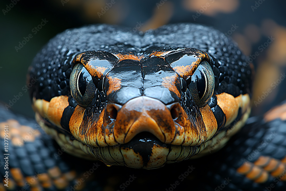 Close-Up Portrait of a Striking Black and Orange Snake, Intricate Scales and Captivating Gaze Close-Up Portrait of a Striking Black and Orange Snake, Intricate Scales and Captivating Gaze