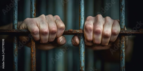 Close Up of Prisoner Hands Gripping Rusty Bars Concept of Justice Law Freedom Crime Confinement