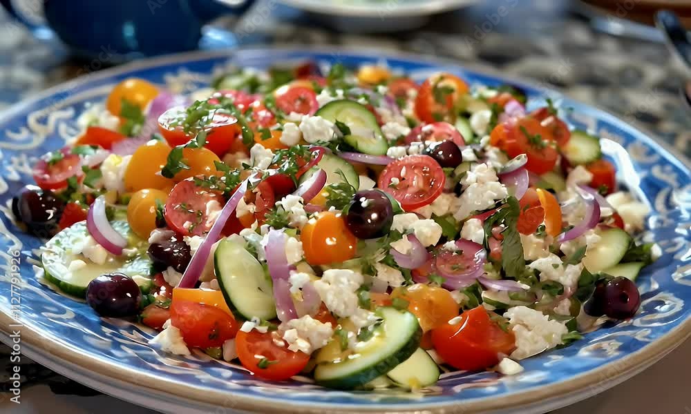 A vibrant salad featuring tomatoes, cucumbers, olives, and cheese, perfect for a fresh meal.