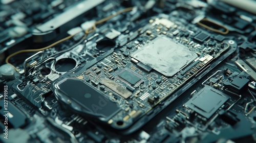 A detailed shot of a disassembled mobile phone with visible electronic chips and circuit boards, highlighting the importance of technology maintenance and repairs. photo