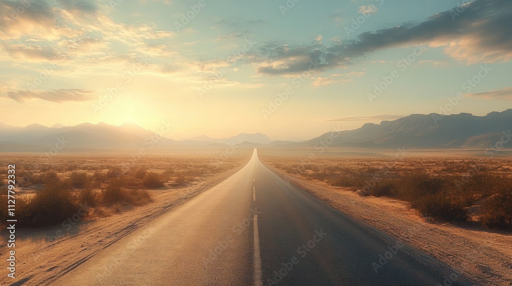 Desert Highway Travel Route Morning Landscape Wide Open Road Journey Dreamy Atmosphere Vast View Desert Highway Travel Route Morning Landscape Wide Open Road Journey Dreamy Atmosphere Vast View