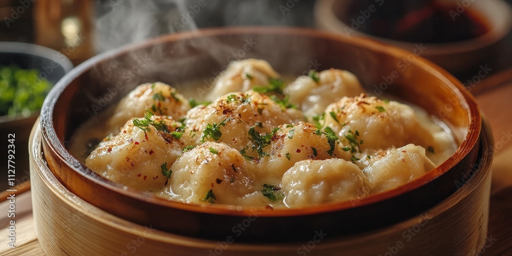 A wooden bowl filled with cooked dumplings garnished with chopped chives, placed on a white napkin A wooden bowl filled with cooked dumplings garnished with chopped chives, placed on a white napkin