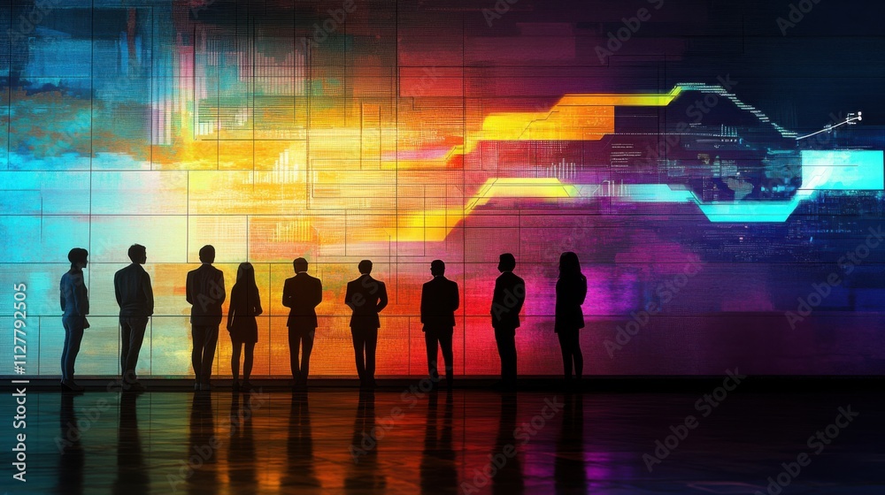 Business strategy team aligning goals, with a digital roadmap displayed on a large screen Business strategy team aligning goals, with a digital roadmap displayed on a large screen