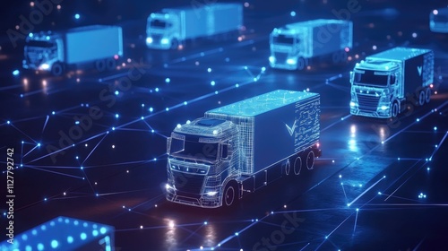 A fleet of trucks connected through a digital network, showcasing a smart logistics management system for better operational efficiency and tracking.