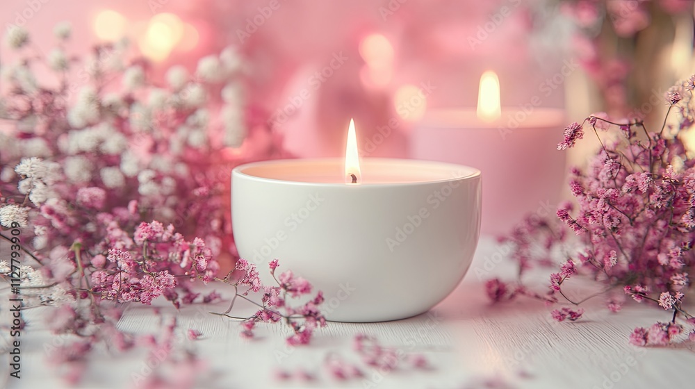 Lit candle in a white bowl surrounded by pink flowers and bokeh Lit candle in a white bowl surrounded by pink flowers and bokeh