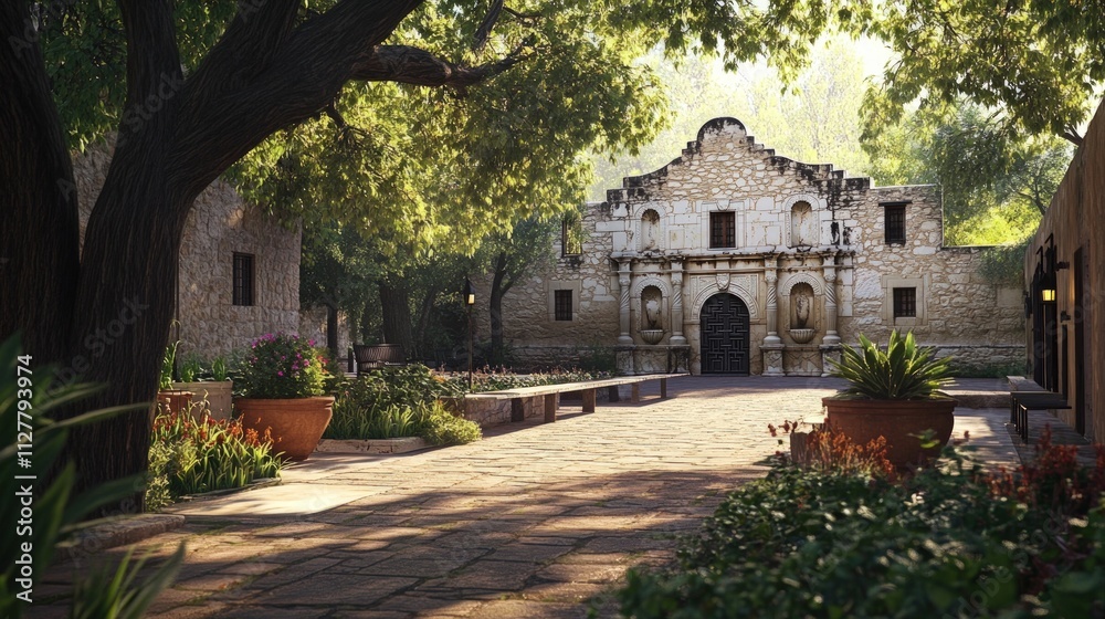 Stone mission, lush courtyard, sunny day. Stone mission, lush courtyard, sunny day.