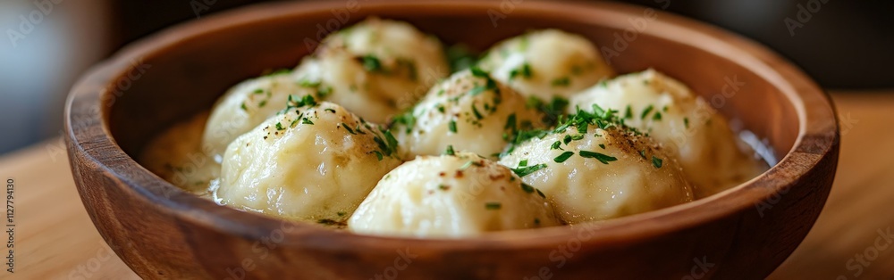 A wooden bowl filled with cooked dumplings garnished with chopped chives, placed on a white napkin A wooden bowl filled with cooked dumplings garnished with chopped chives, placed on a white napkin