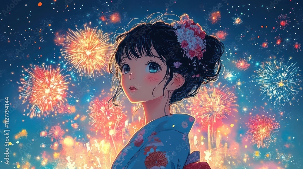 Girl in Kimono Watching Fireworks at Summer Festival Girl in Kimono Watching Fireworks at Summer Festival