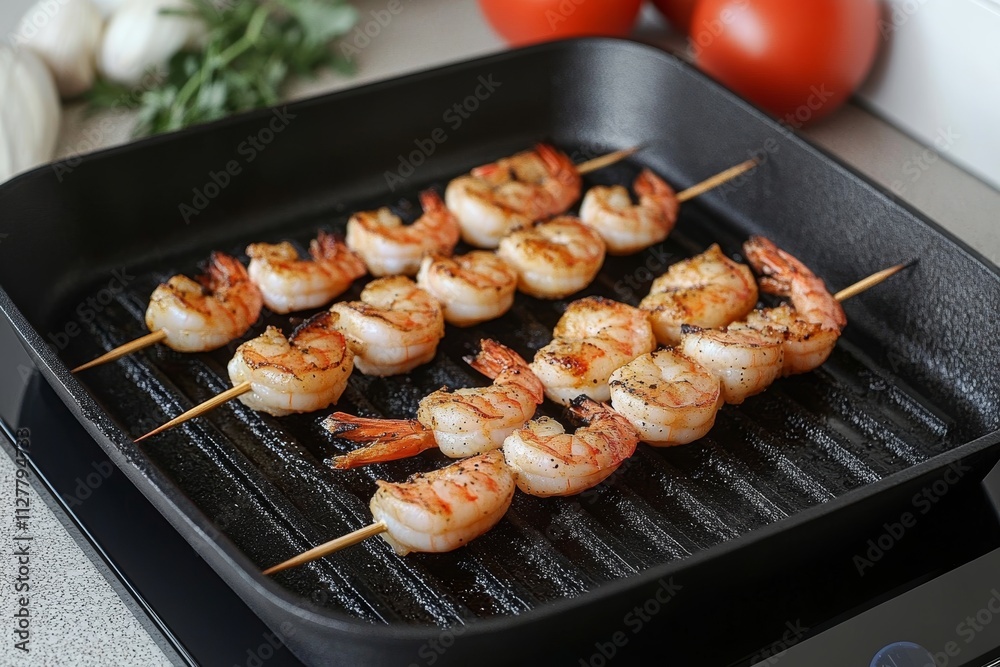 Grilling Shrimp Skewers on a Cast Iron Grill Pan in Modern Kitchen Grilling Shrimp Skewers on a Cast Iron Grill Pan in Modern Kitchen