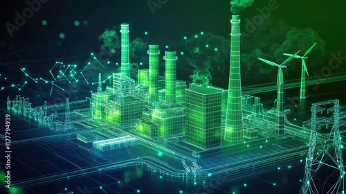 A low poly wireframe of a power plant with green energy solutions like solar and wind, emphasizing CO2 emission reduction strategies in green business and sustainability.