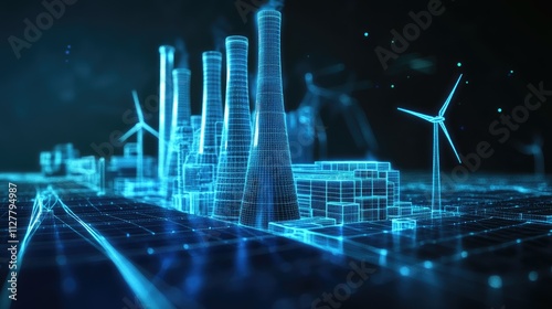 A low poly wireframe of a power plant with green energy solutions like solar and wind, emphasizing CO2 emission reduction strategies in green business and sustainability.