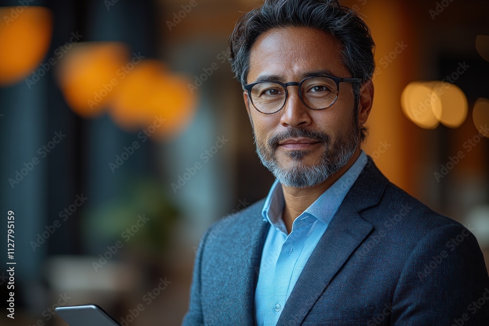 Businessman in Suit Using Tablet in Modern Office Smiling and Thinking