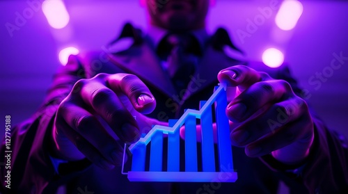 Businessman analyzing a bar graph on paper, holding a pen, indicating business growth, data analysis, and financial planning