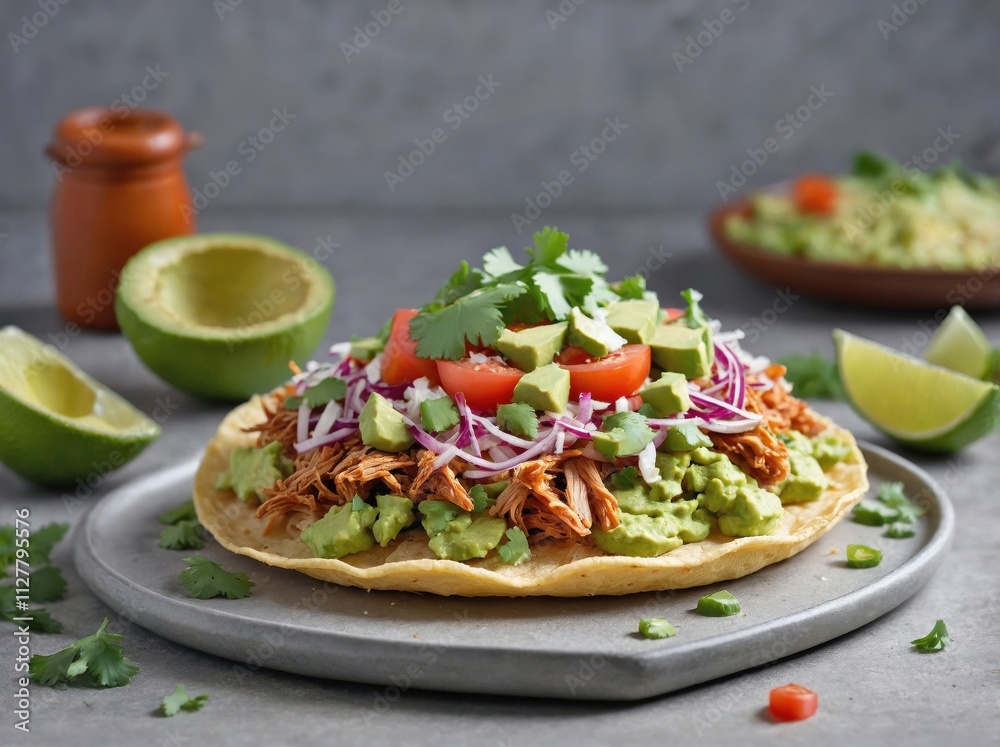single tostada placed directly on a smooth, light gray surface. single tostada placed directly on a smooth, light gray surface.