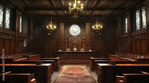 Grand Courtroom Interior with Ornate Woodwork and Stained Glass photo