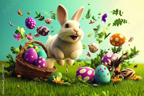 Easter Bunny Jumping with Joy Among Colorful Easter Eggs in a Whimsical Scene photo