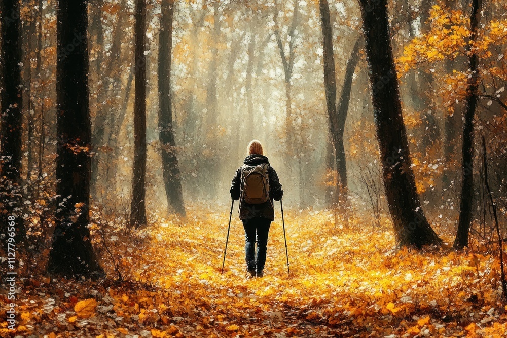 Hiker Walking in Autumn Forest with Golden Leaves and Tall Trees Hiker Walking in Autumn Forest with Golden Leaves and Tall Trees